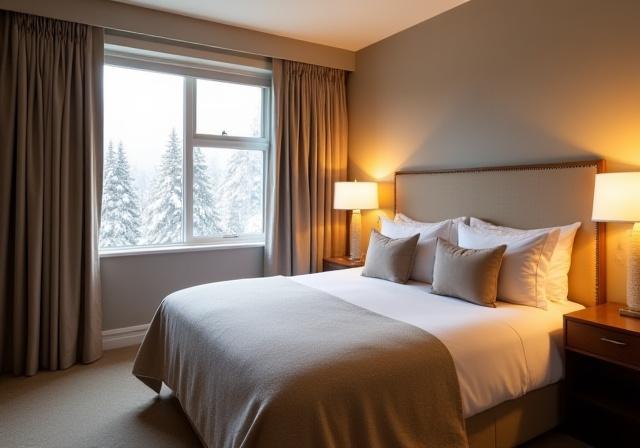 A cozy boutique hotel room in Whistler featuring Textilia's bedding and curtains.